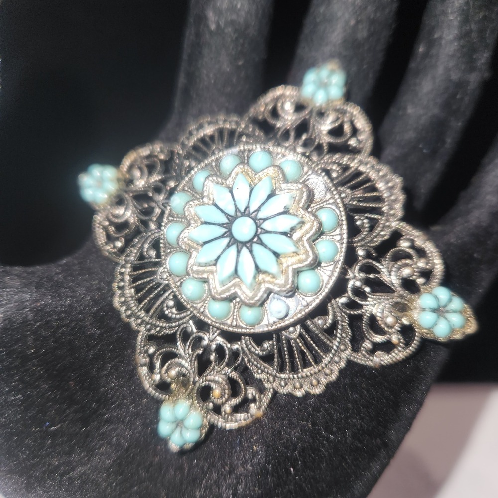 Vintage Silver Tone Filigree Brooch Faux Turquoise Floral Pin 2 Inch Square